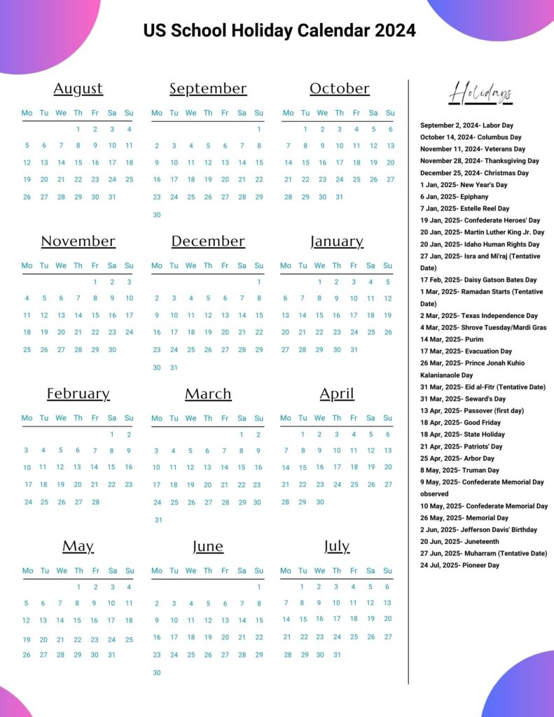 US School Holiday Calendar 2024