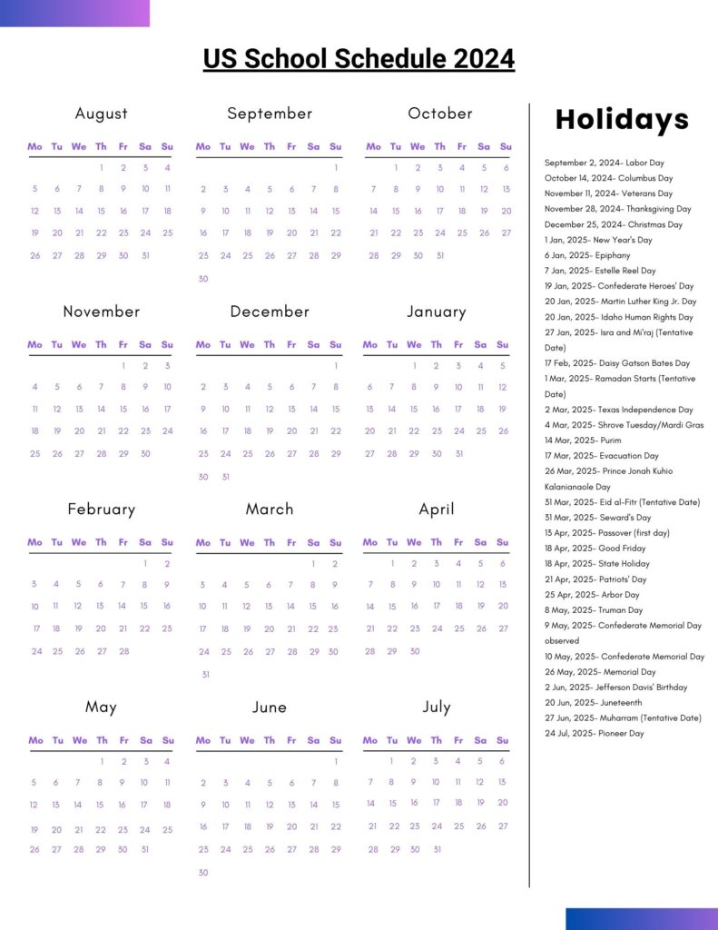 US School Schedule 2024