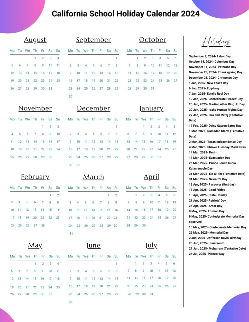 California School Holiday Calendar 2024