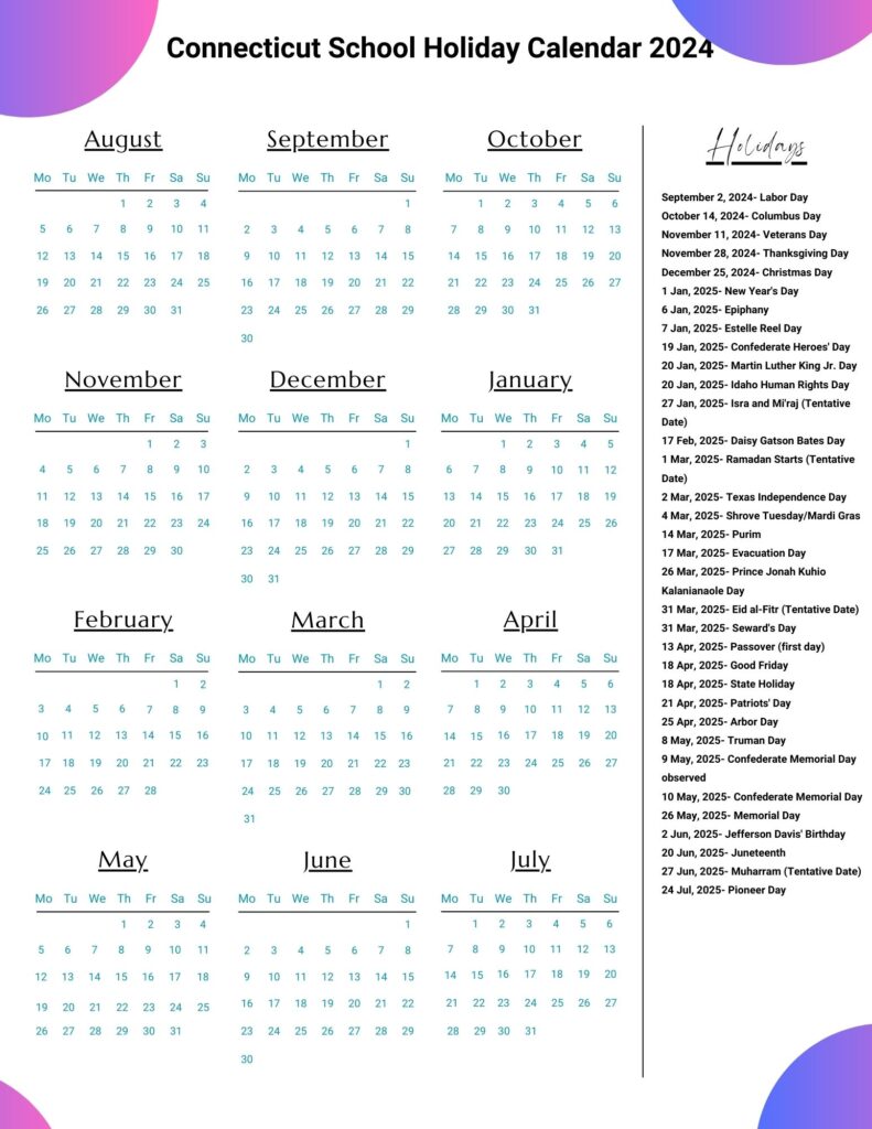 Connecticut School Holiday Calendar 2024