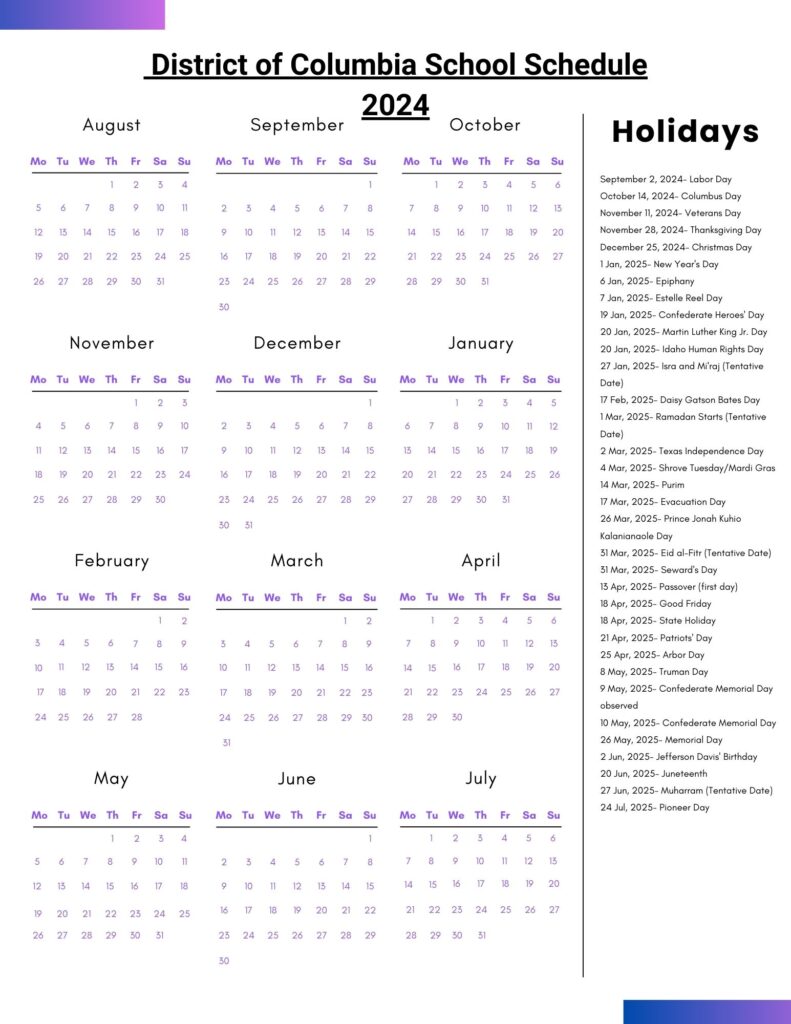 District of Columbia School Schedule 2024