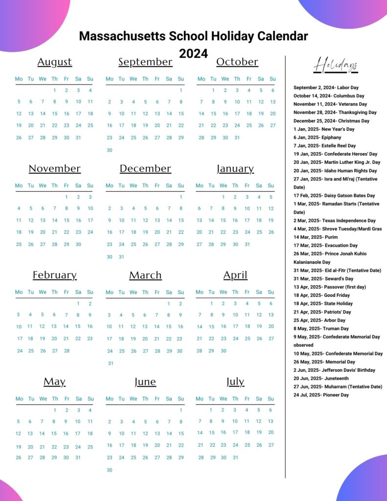 Massachusetts School Holiday Calendar 2024