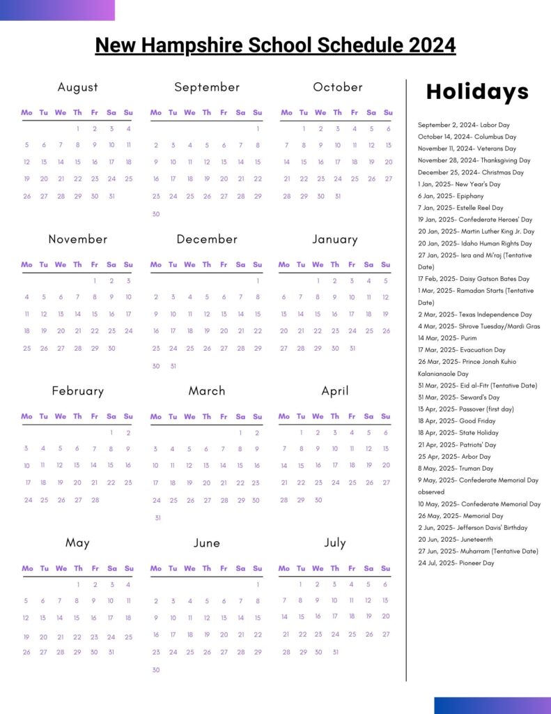 New Hampshire School Schedule 2024