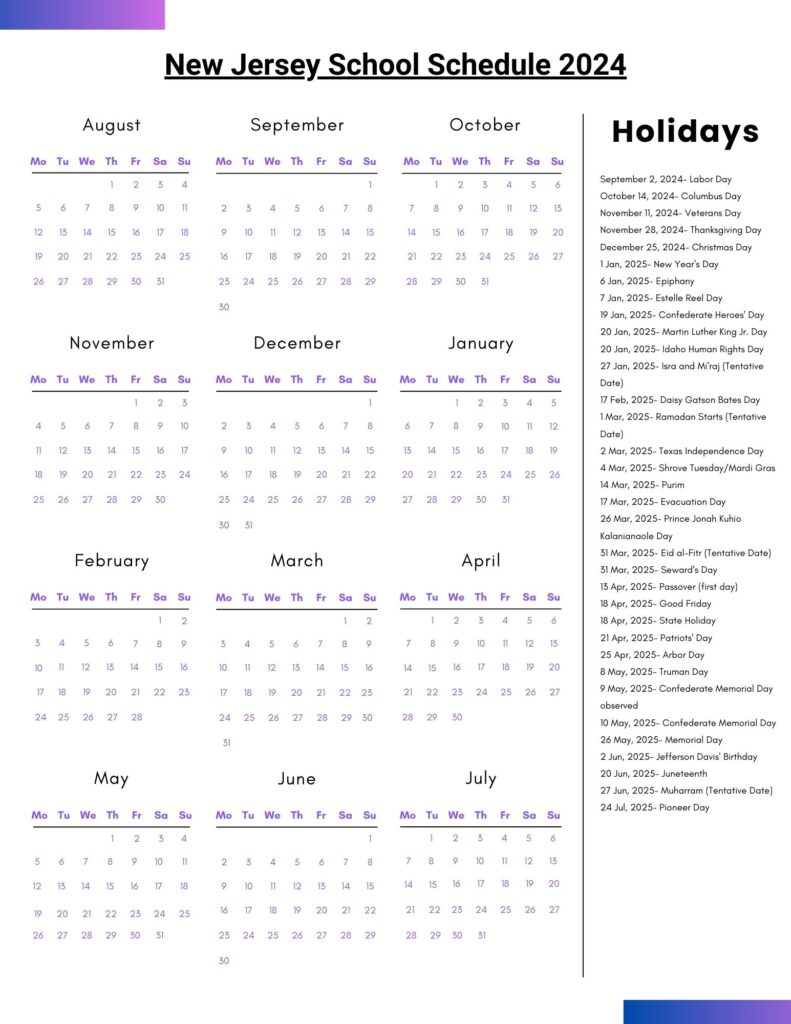 New Jersey School Schedule 2024