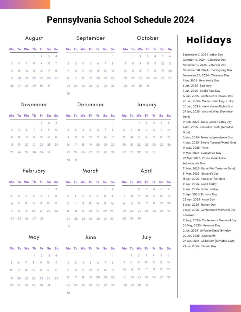 Pennsylvania School Schedule 2024