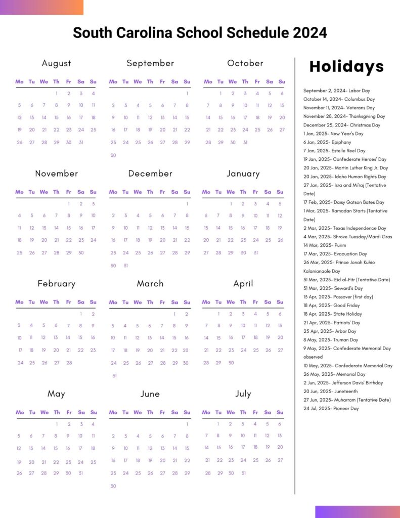 South Carolina School Schedule 2024