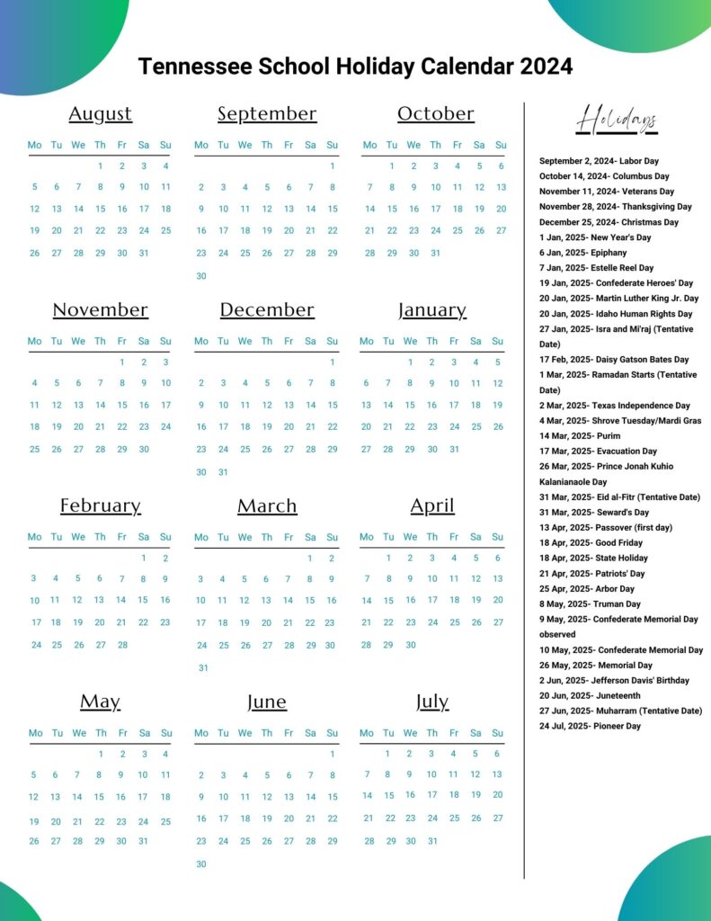 Tennessee School Holiday Calendar 2024