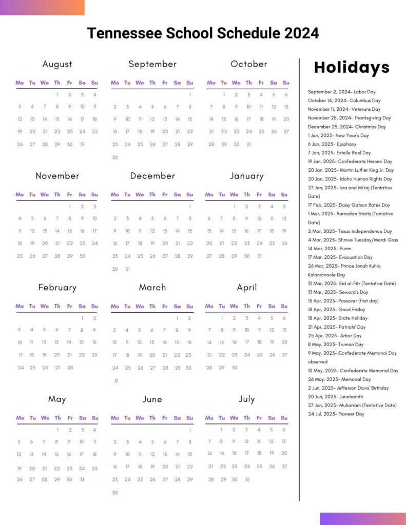 Tennessee School Schedule 2024